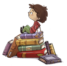 Niño sentado en libros